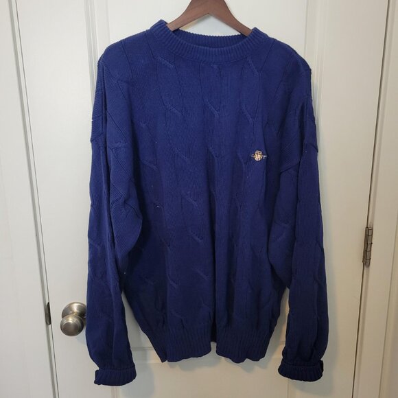 Gant Cable Knit Sweater Mens Large Navy Blue Cotton Made in USA